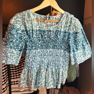 Rails Teal Floral Smocked Blouse